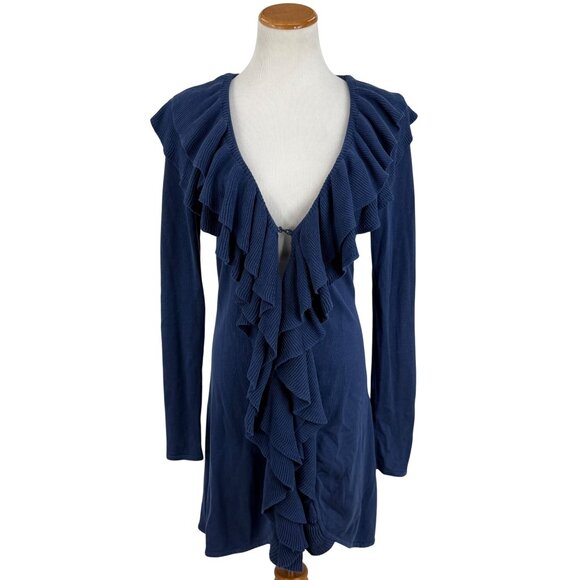 Vintage Y2K I.N.C Blue Ruffled Silk Cotton Cardigan | Coquette Minimalist Boho M - Picture 2 of 14